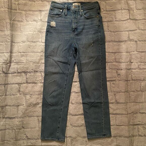 Madewell women 26 cotton blend ripped classic straight blue jeans - Picture 1 of 12
